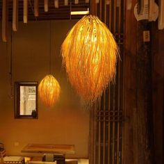 two lamps hanging from the ceiling in a restaurant