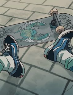 a skateboarder's feet resting on the ground next to his skateboard