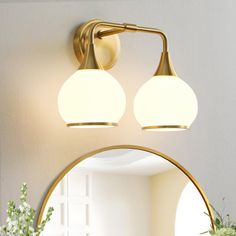 a bathroom mirror with two lights on the wall above it and a potted plant