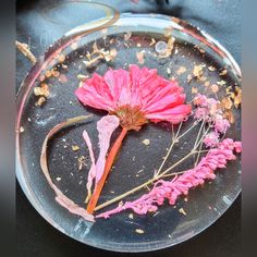 a pink flower sitting on top of a glass plate covered in dirt and other debris