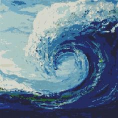 a cross - stitch picture of a wave in the ocean with blue sky and clouds