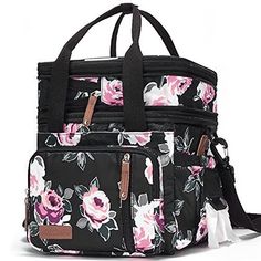 a black and pink floral lunch bag with tassels