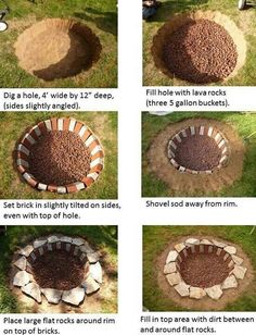 instructions to build a fire pit in the grass with bricks and dirt around it,