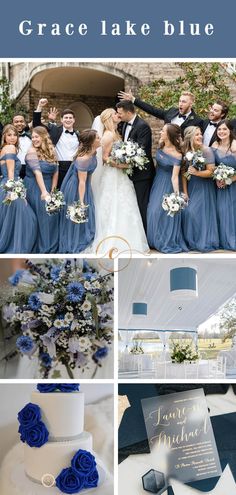 a collage of photos with blue and white wedding colors