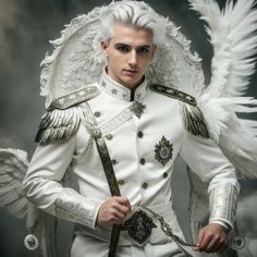 a man dressed in white with wings on his shoulders