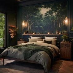 a bedroom with a large painting on the wall next to a bed and two lamps