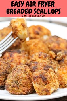 air fryer breaded sea scallops on a white plate with a fork