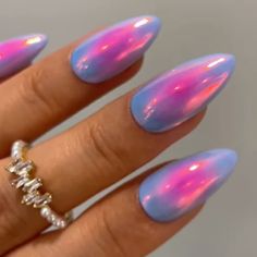 Fancy-chrome-pink-blue-aura-press-on-nails-show Aurora Nails Blue, Aura Chrome Nails, Chrome Aura Nails, Mermaid Chrome, 2000s Nails, Aura Nails, Aurora Nails, Medium Almond, Unicorn Nails