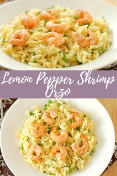 lemon pepper shrimp pasta on a white plate