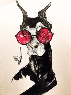 a drawing of a dog wearing red glasses