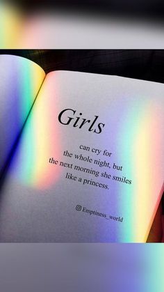 an open book with the words girls on it's page and rainbow light coming from behind