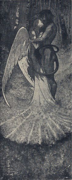 an angel kneeling down next to a man with wings on his back, in the middle of a forest