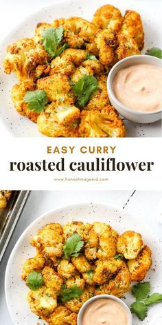 roasted cauliflower with dipping sauce on the side