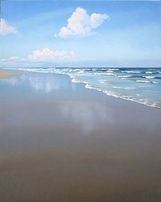 an oil painting of the beach with waves coming in from the ocean and blue sky