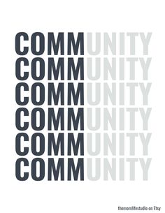 the words community and community are arranged in black on white paper, with grey lettering