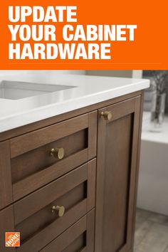 a bathroom vanity with the words update your cabinet hardware