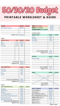 the printable worksheet and guide for 50 / 20 budget sheet with text