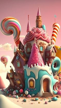 an image of a very colorful house with candy land in the backgroung