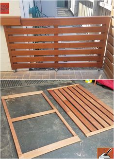 some wood pieces are laying next to each other on the ground and in front of a fence