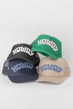 Classic Howdy trucker hat. Screen printed "Howdy" art on the front foam panel. High crown fit with adjustable snapback closure.

Features
- Puff "Howdy" Screenprint
- Adjustable Fit
- High Crown Mesh Trucker

Content + Care
- 100% Polyester Front; 100% Polyester Mesh Back
- Spot clean
- Domestic Novelty Snapback Hat With Letter Print For Streetwear, Novelty Letter Print Snapback Hat For Streetwear, Trendy Adjustable Trucker Hat With Graphic Print, Novelty Trucker Hat With Letter Print And Flat Bill, Trucker Hat With Letter Print And Flat Bill, Novelty Letter Print Snapback Hat, Adjustable Snapback Trucker Hat With Letter Print, Novelty Snapback Trucker Hat For Streetwear, Novelty Snapback Hat For Streetwear