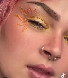 Sunshine Makeup Looks, Sun And Moon Eye Makeup, Makeup With Gold Accents, Sun Makeup Looks Halloween, Sun Inspired Makeup Looks, Sun Themed Makeup, Sun And Moon Makeup Look, Cheek Makeup Art, Midnight Rain Makeup