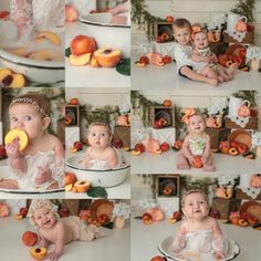 a collage of baby pictures with peaches and apples in the foreground, an infant sitting on a table holding a piece of fruit up to her mouth