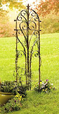 an iron plant stand in the middle of a grassy area with potted plants and flowers