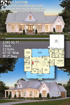 two story house plan with 3 beds, 2 baths and an open floor living area