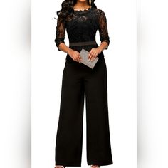 Ready To Turn Heads And Own The Night? Dive Into Elegance With This Black Lace Formal Wide-Leg Jumpsuit, Your New Secret Weapon For Any Special Occasion! Whether It’s A Black-Tie Gala, A Swanky Wedding, Or Just A Cocktail Party Where You Want To Dazzle, This Jumpsuit Has Got You Covered. Why You’ll Love It: Lace Neckline: The Round Lace Neckline With A Sheer Illusion Top Adds A Touch Of Romance And Sophistication. It’s Like Wearing A Love Letter In Outfit Form! Self-Belted Waistline: The Self-Belted Waistline Ensures You Look Snatched And Chic, While Keeping The Whole Ensemble Effortlessly Elegant. Crepe Wide-Leg Design: Flowy, Wide-Leg Pants Let You Glide Across The Dance Floor Wi Black Tie Pants Outfit, Black Long Sleeve Formal Bodysuit, Formal Black Long Sleeve Bodysuit, Black Long Sleeve Bodysuit For Formal Occasions, Black Jumpsuits And Rompers For Evening, Jumpsuit For Wedding Guest Classy, Office Dinner Outfit Night, Swanky Wedding, Wide Legged Pants Outfit