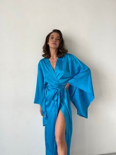 Blue Wrap Dress With Tie Waist, V-neck Satin Kimono For Party, Satin V-neck Kimono For Party, Party Satin V-neck Kimono, Elegant Maxi Dress With Tie Waist And Kimono Sleeves, Elegant Long Sleeve Bridesmaid Kimono, Blue Silk Kimono For Wedding, Blue Kimono With Tie Waist, Silk Kimono Robe For Party