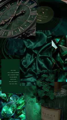 a collage of green and black images with a clock on the wall next to it