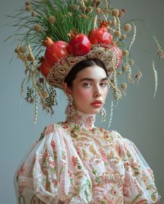 a woman wearing an elaborate head piece with fruit on it's head and flowers in her hair