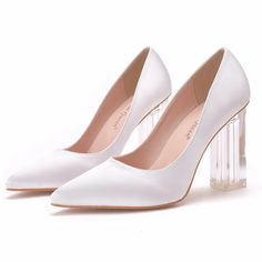 Details: Style: elegant Embellishment: Satin Heels Type:?Stiletto Heel height:?2.56inch/3.74inch Closure Type: slip on Toe: Pointed Toe Upper Material: Microfiber Leather Sole Material:?Rubber Lining Material:?PU Leather Clear High Heel Shoes For Prom, Clear High Heels For Prom, White Closed Toe Court Shoes For Party, White Court Shoes For Summer Evening, White Summer Formal Court Shoes, Clear Block Heel Evening Heels, White Pointed Toe Feminine Heels, White Feminine Pointed Toe Heels, White High Heels For Evening