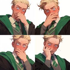 three pictures of a man with blonde hair and blue eyes, wearing a green cloak