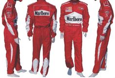 three mannequins dressed in red and white racing suits