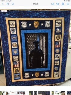 an image of a police officer in front of the american flag with patches on it