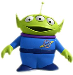 the toy alien is wearing a blue shirt and purple pants with his hands in the air