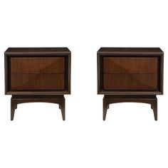 two wooden nightstands with one drawer open and the other closed, both side by side