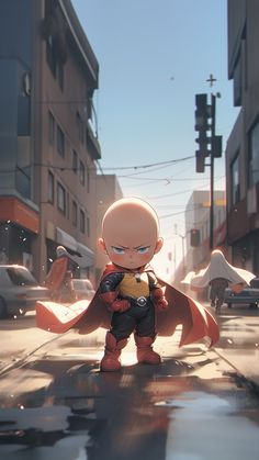 an animated character standing in the middle of a city street with buildings and cars behind him