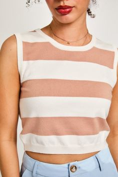 Sleeveless striped sweater top Available in ivory and beige and blue and cream Sizes XS-L Fabric: 50% rayon, 28% nylon, 22% polyester Beige And Blue, Blue Striped Top, Sleeveless Sweater, Striped Sweater, Medium Blue, Blue Stripes, Athleisure, Sweater Top, Jumpsuit Romper