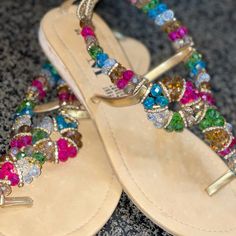 Brand New Beaded Sandals From Mexico. Silver Rhinestone Heels, Beige Espadrilles, Brown Flip Flops, Block Sandals, Floral Sandals, Braided Sandals, Beaded Sandals, Ankle Wrap Sandals, Espadrilles Platform