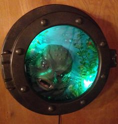 a fish in an aquarium looking through the porthole