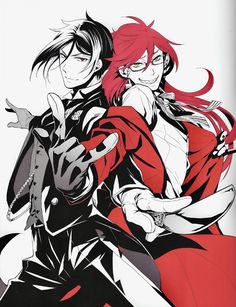 two anime characters one with red hair the other black and white, holding hands in front of each other