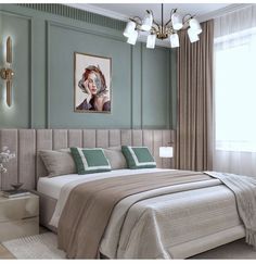 a bedroom with green walls and a white bed in the middle, along with a painting on the wall