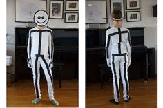 two pictures of a person in a costume with a smile on his face and legs