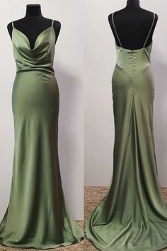 Olive Green Cowl Neck Trump Long Prom Dress Sage Green Prom Dress, Train Fabric, Champagne Prom Dress, Spaghetti Strap Prom Dress, Life Ideas, Green Style, Green Prom Dress, Gala Dresses, Dress Spaghetti