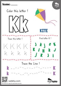 the letter k is for kite and it's matching with its own handwriting practice