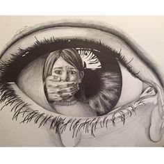 a pencil drawing of a woman's eye with her hand on the iris lens