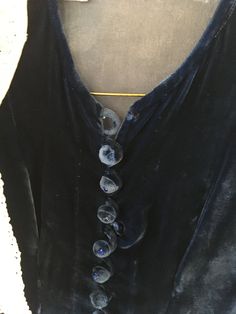 "1930's blue velvet dress with big plush buttons down the front with rhinestones in the center of each button. White collar (not sewn on, but pinned). Back left on the collar was attached with tape for a long time - so there is a square indent where that tape was (see photo). Missing top and bottom-most buttons. Has some wear to it, but is so lovely This dress was worn for a woman's Nebraska wedding in the 1930's Women's XS 32\" bust 26\" waist 38\" hips shoulder to hem: 39.5\"" Victorian Costume Dress With Buttons, Victorian Style Costume Dress With Buttons, Regency Style Costume Dress With Buttons, Mac Raincoat, Plastic Mac, Dress With Rhinestones, Nebraska Wedding, Big Plush, Blue Velvet Dress