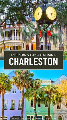 a clock tower with palm trees in front of it and text overlay that reads an culinary for christmas in charleston